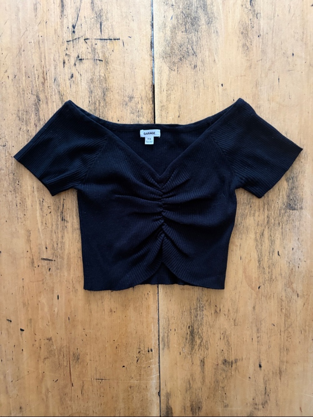 Garage Women’s Black Knit V-Neck Ruched Crop Top US S Like New